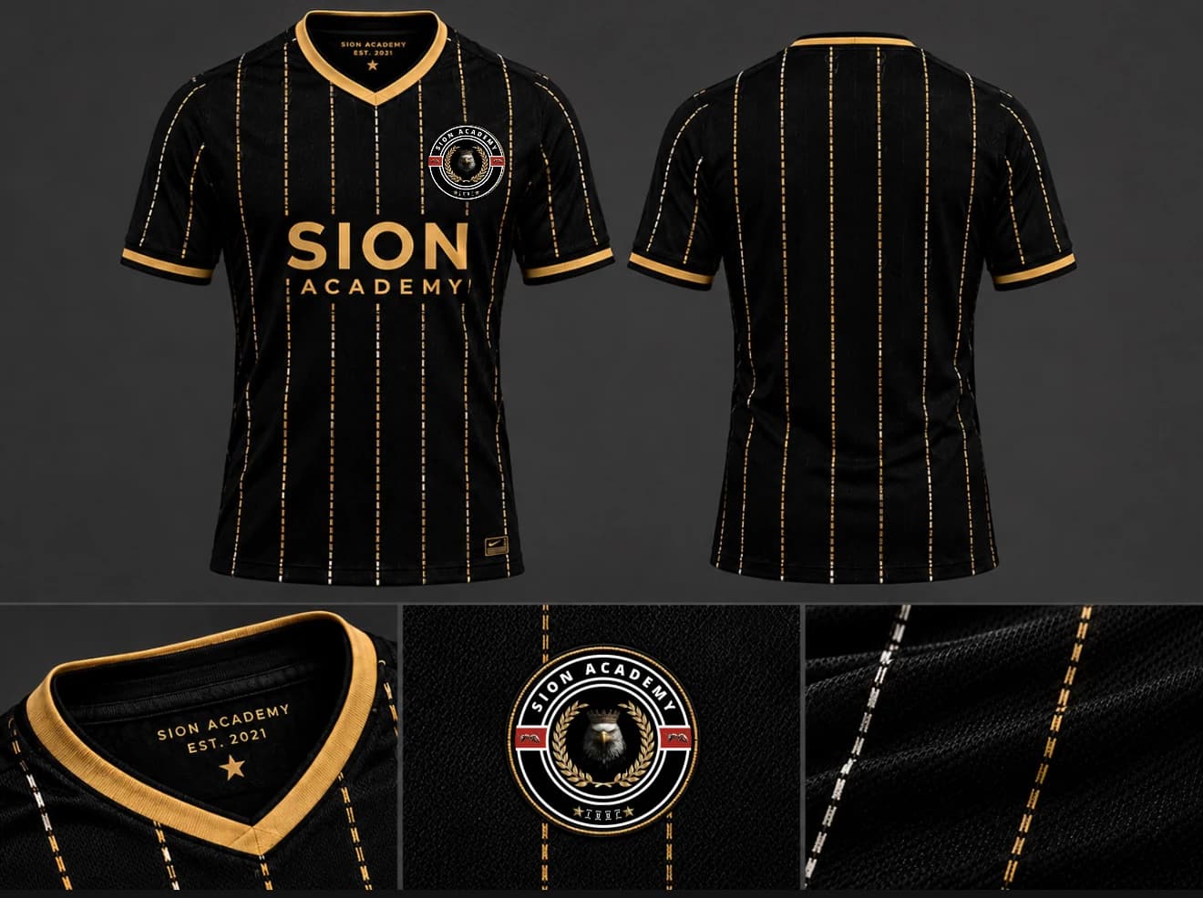 The Sion Academy black and gold pinstripe kit, front and back, with collar, crest, and fabric detail